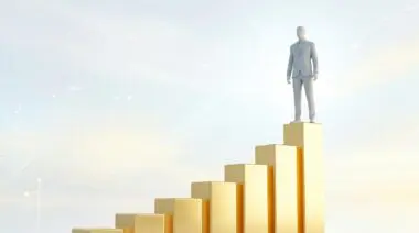 Faceless executive standing atop rising gold bar chart, symbolizing extreme wealth concentration.