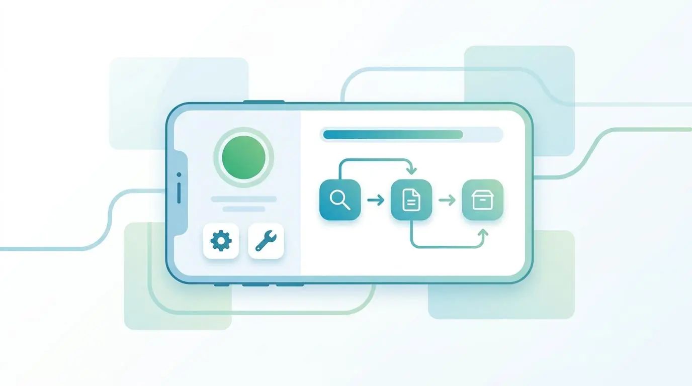 Mobile app interface showcasing intuitive technician workflow for FSM tools with scheduling and dispatch.