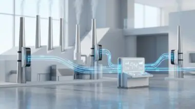 Automated factory emission monitoring sensors on smokestacks connected to a digital console for EPA compliance.