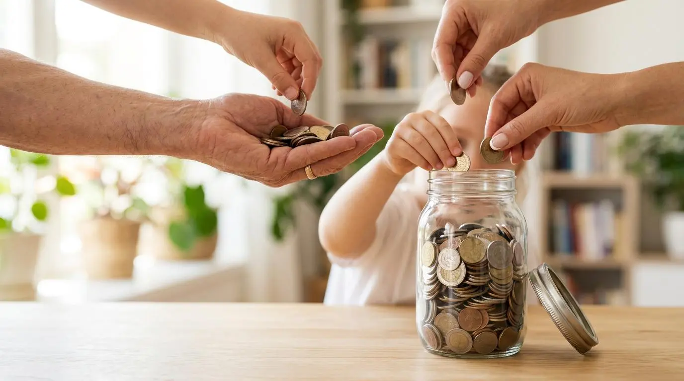 Multiple hands from different generations adding coins to a jar, illustrating financial strategies.