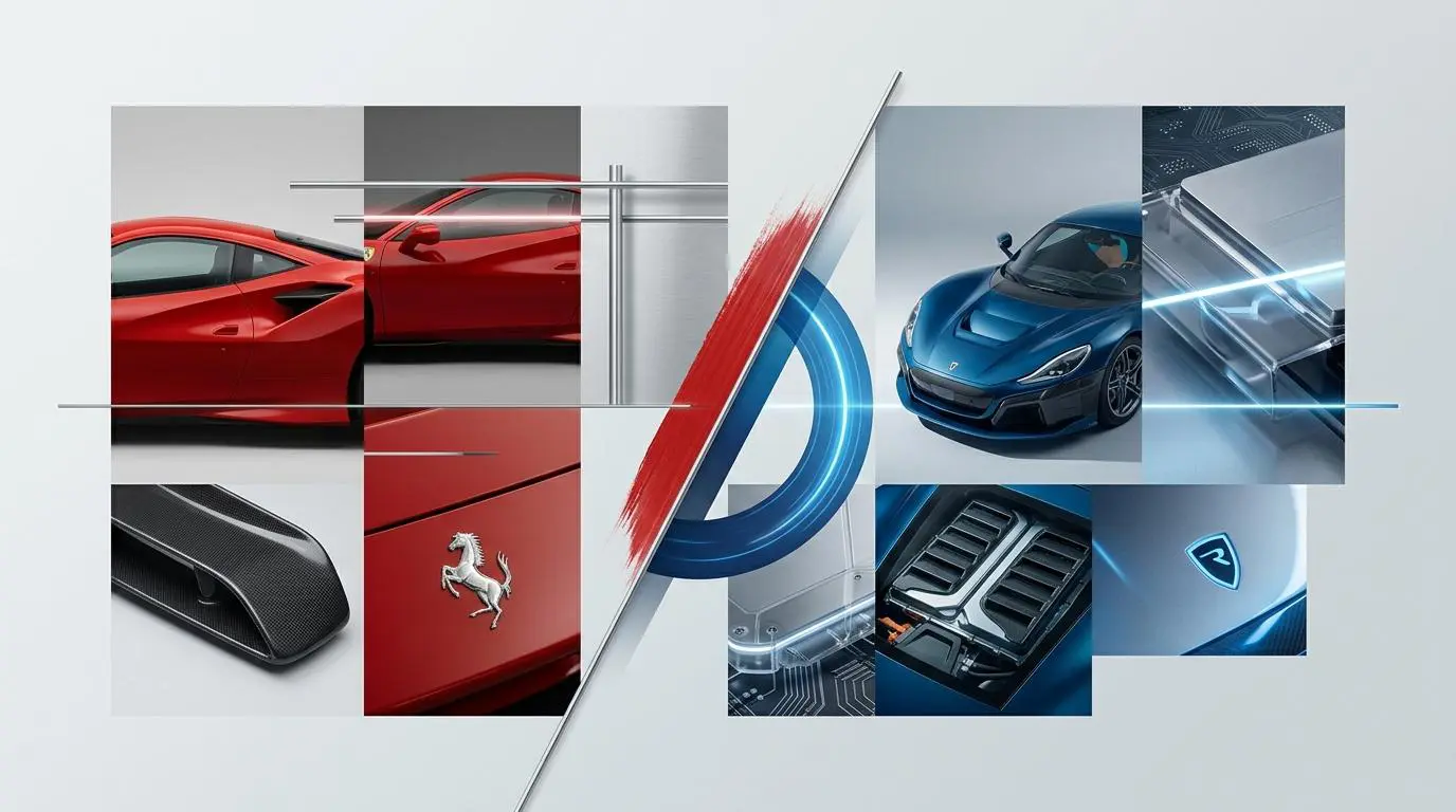 Collage featuring red Ferrari and blue Rimac electric supercars, highlighting luxury and performance.
