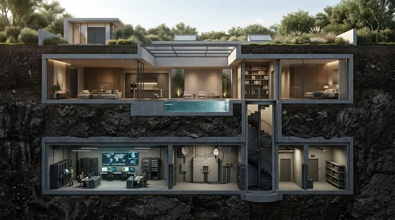 Subterranean mansion with luxury living areas and a hidden military bunker, showcasing the wealth of fictional characters.