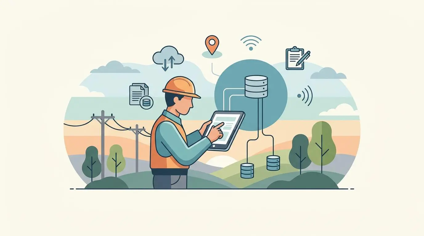 Field technician uses tablet with offline app for optimizing operations, showing cloud and database icons.