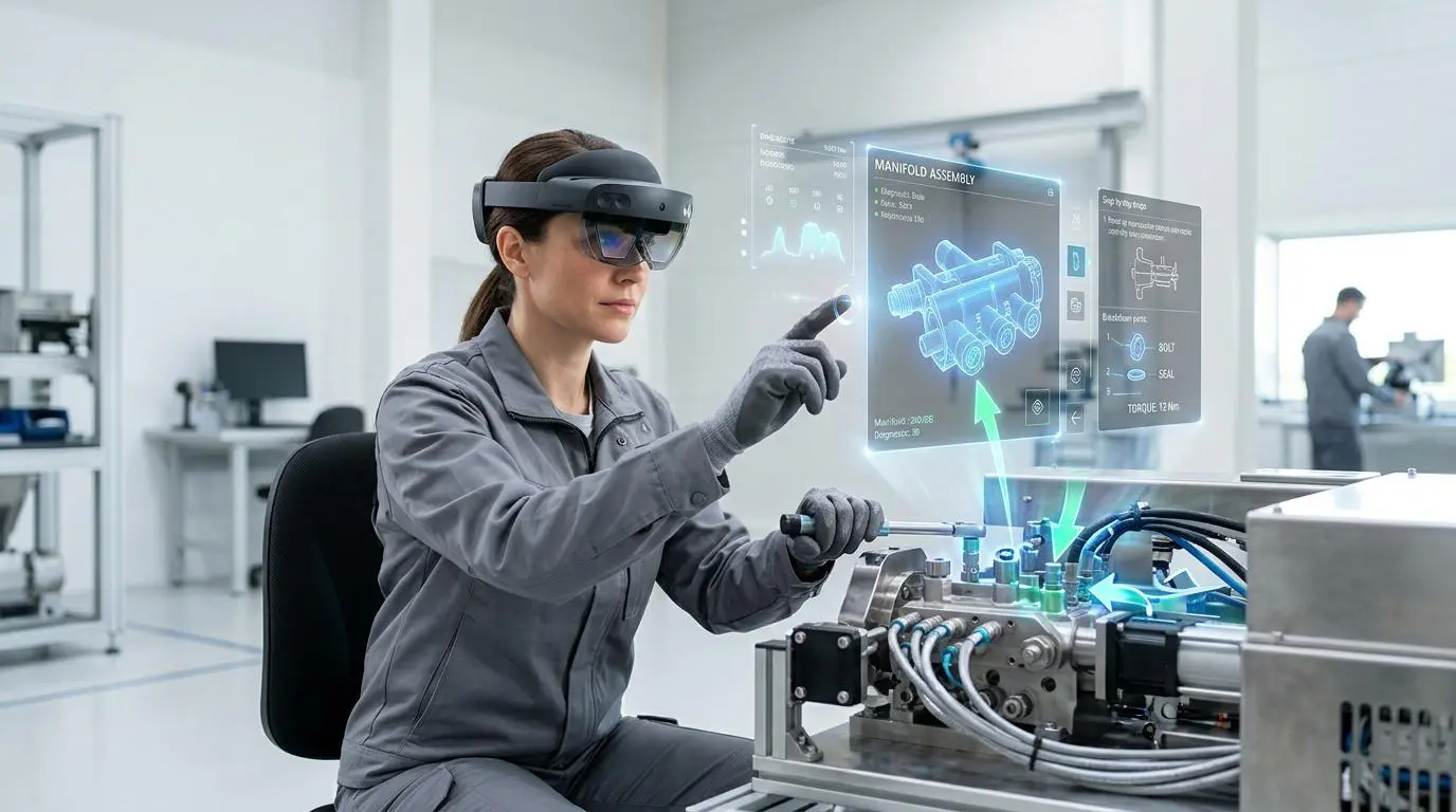 Technician uses AR headset for field service, accessing FSM tools with scheduling.