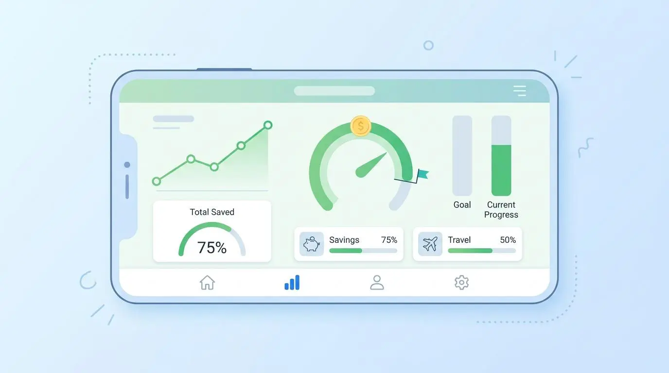 Digital app interface showing savings progress and financial goals, key to teaching financial literacy.