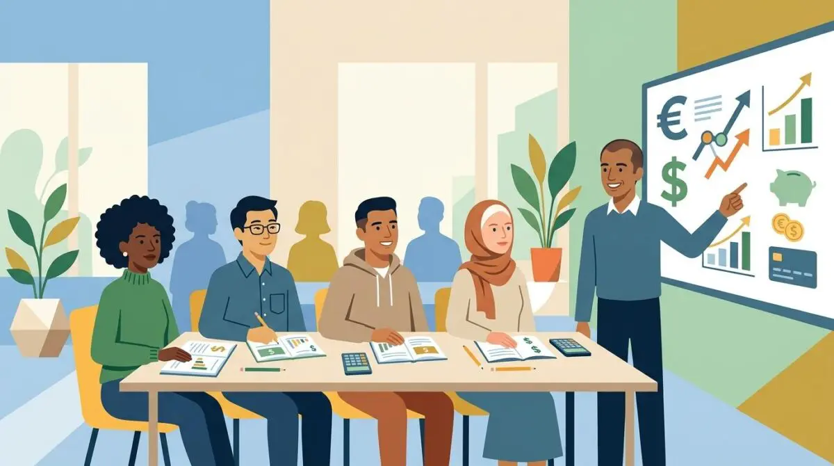 Diverse classroom learning financial literacy with charts, currency symbols, and piggy bank graphic. By Andres SEO Expert.