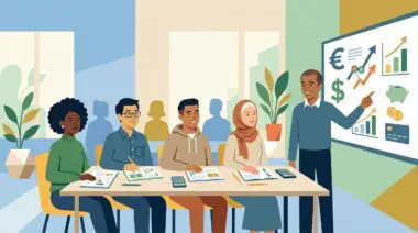 Diverse classroom learning financial literacy with charts, currency symbols, and piggy bank graphic. By Andres SEO Expert.