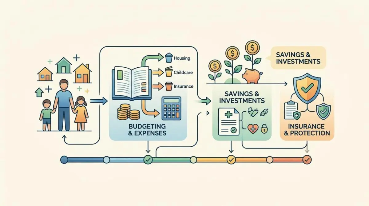Financial planning flowchart for expanding household dependents, showing budgeting, savings, and insurance.