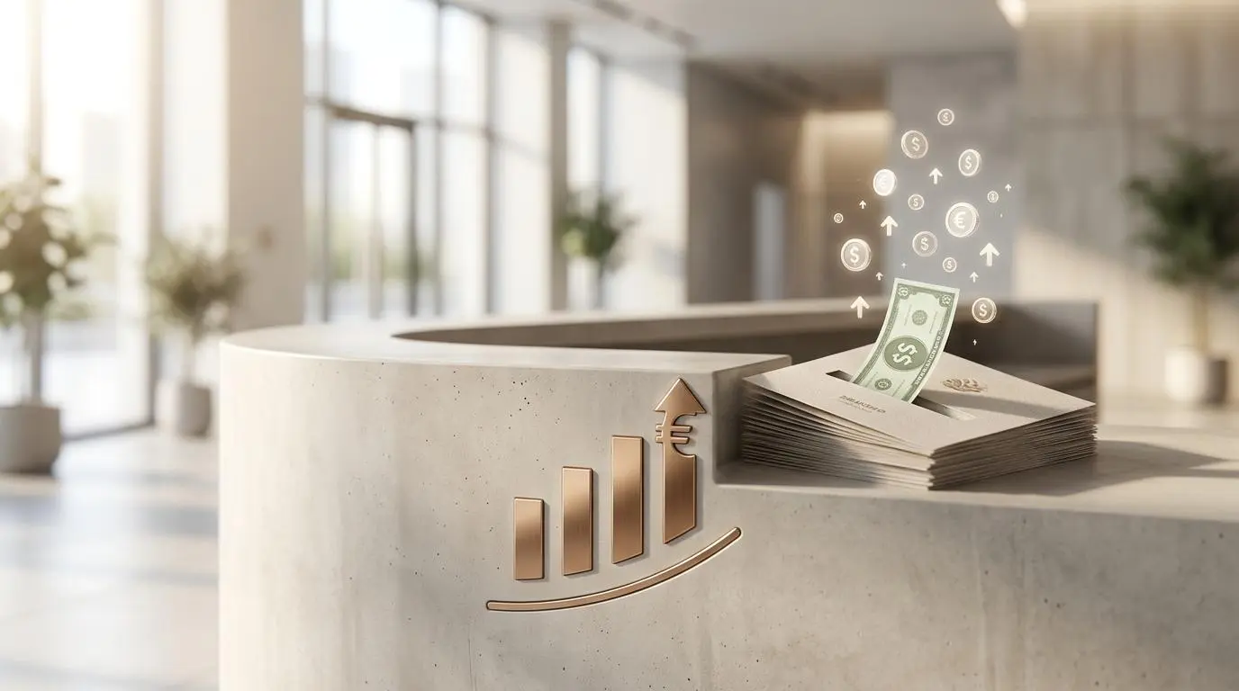 Money emerging from envelopes with a growth chart, visualizing ROI for VIP birthday tracking and greeting cards.