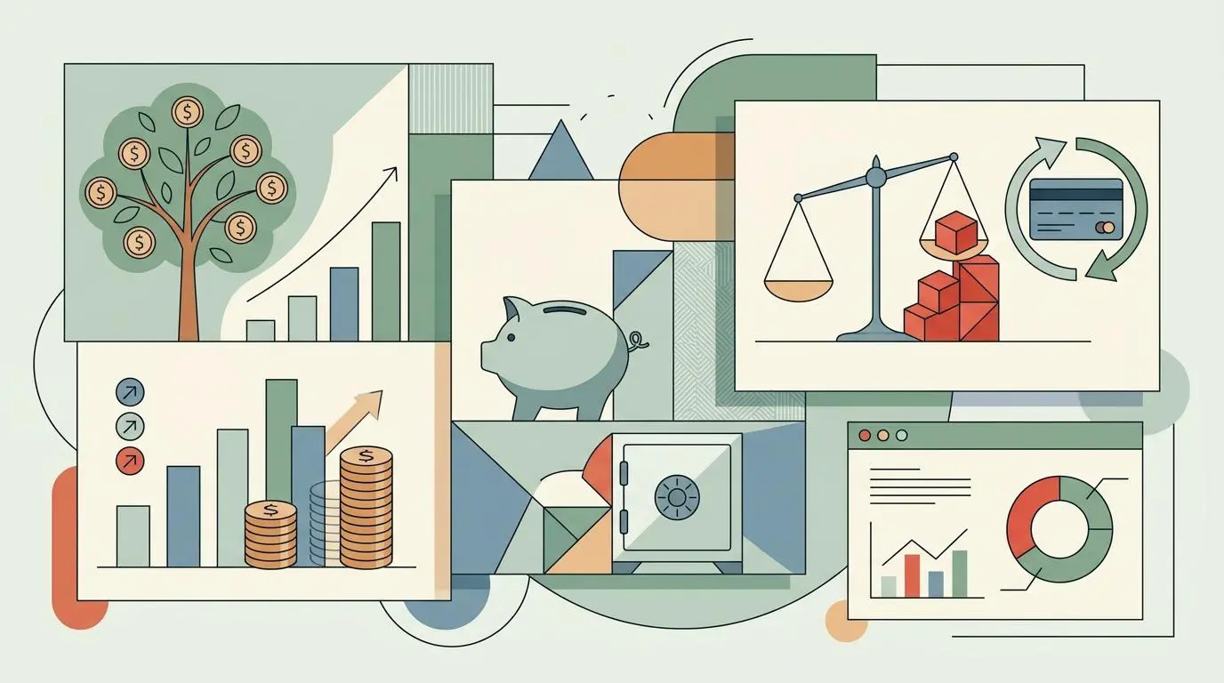 Editorial collage of financial graphics: money tree, bar charts, piggy bank, safe, scale, credit card, and pie chart, illustrating financial strategies for different living situations.