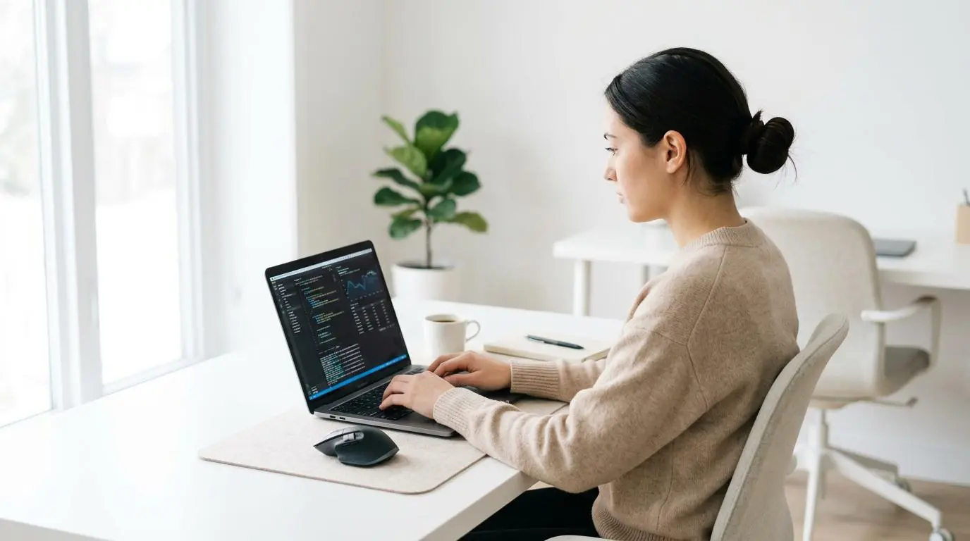 Woman coding on laptop, illustrating employee focus and measuring morale for better work.