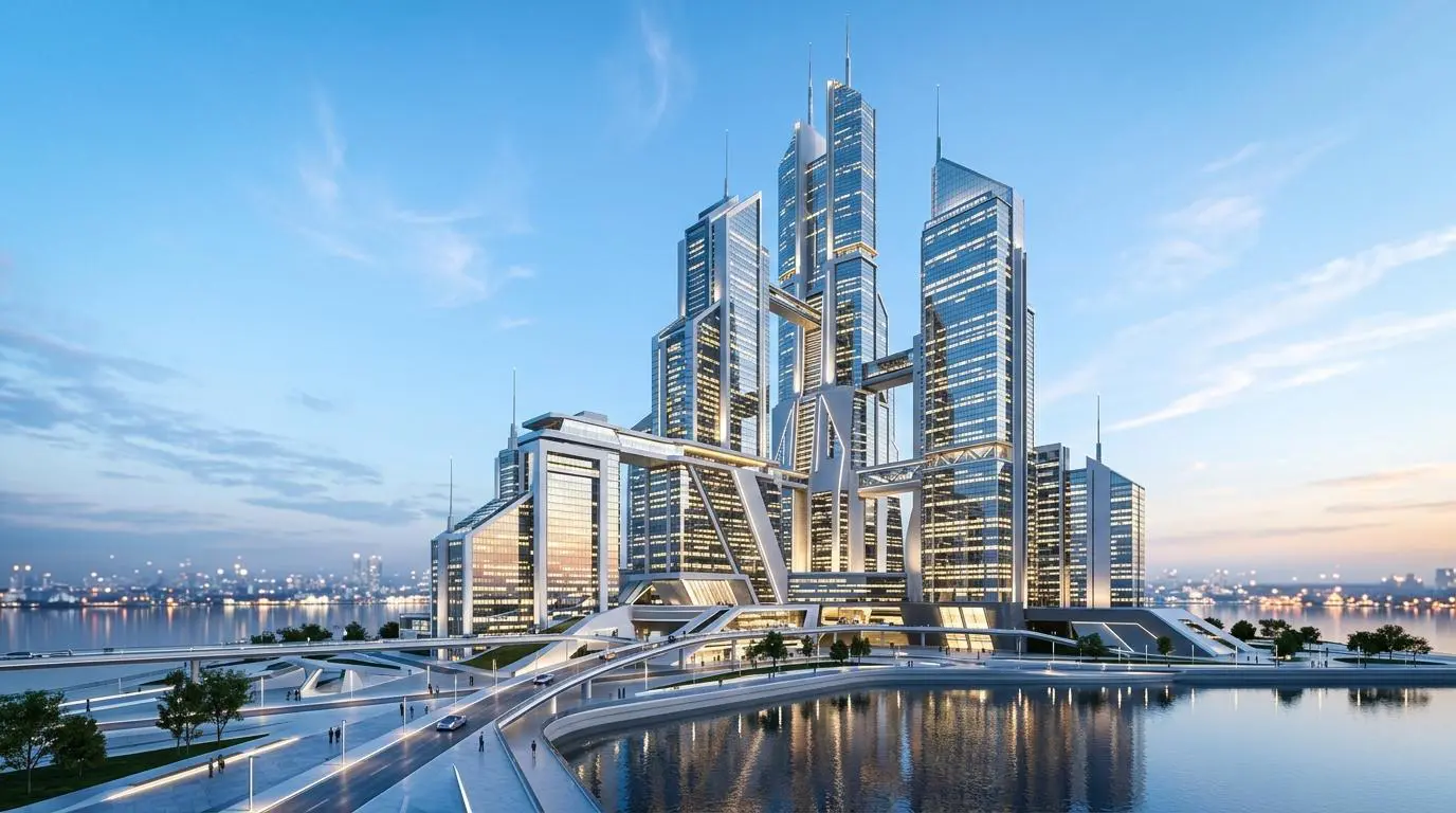 Futuristic corporate skyscraper complex on waterfront, symbolizing vast wealth and power from The Richest Fictional Characters.