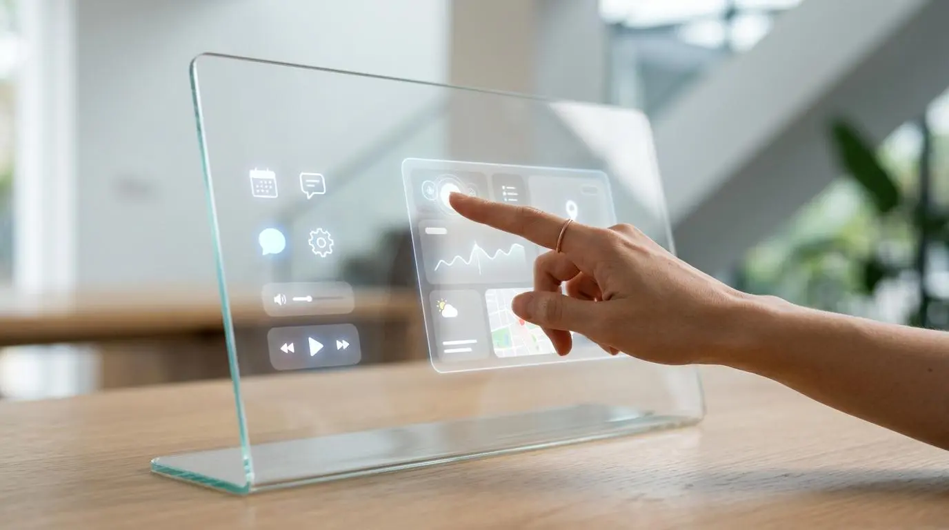 Hand interacting with an adaptive user interface on a futuristic glass display, relevant to the future of CX management.