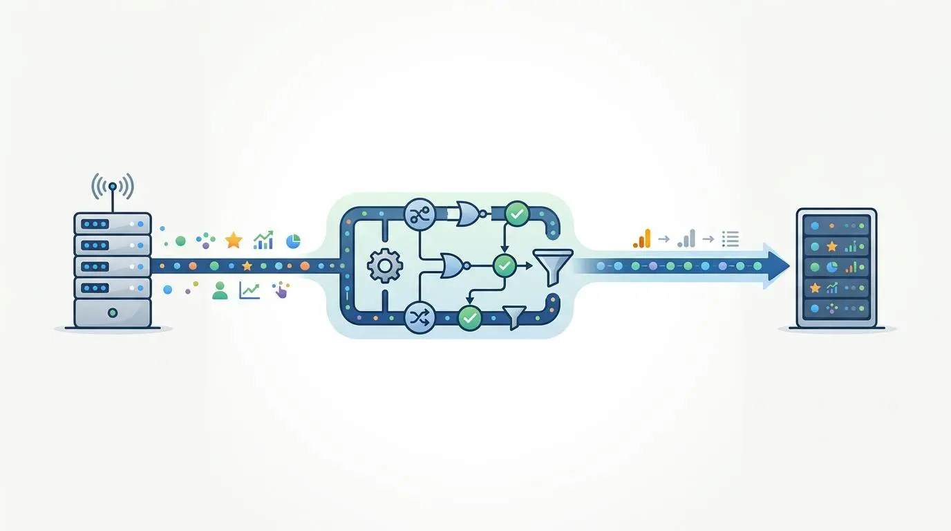 Server to server GA4 event synchronization pipeline processing data.