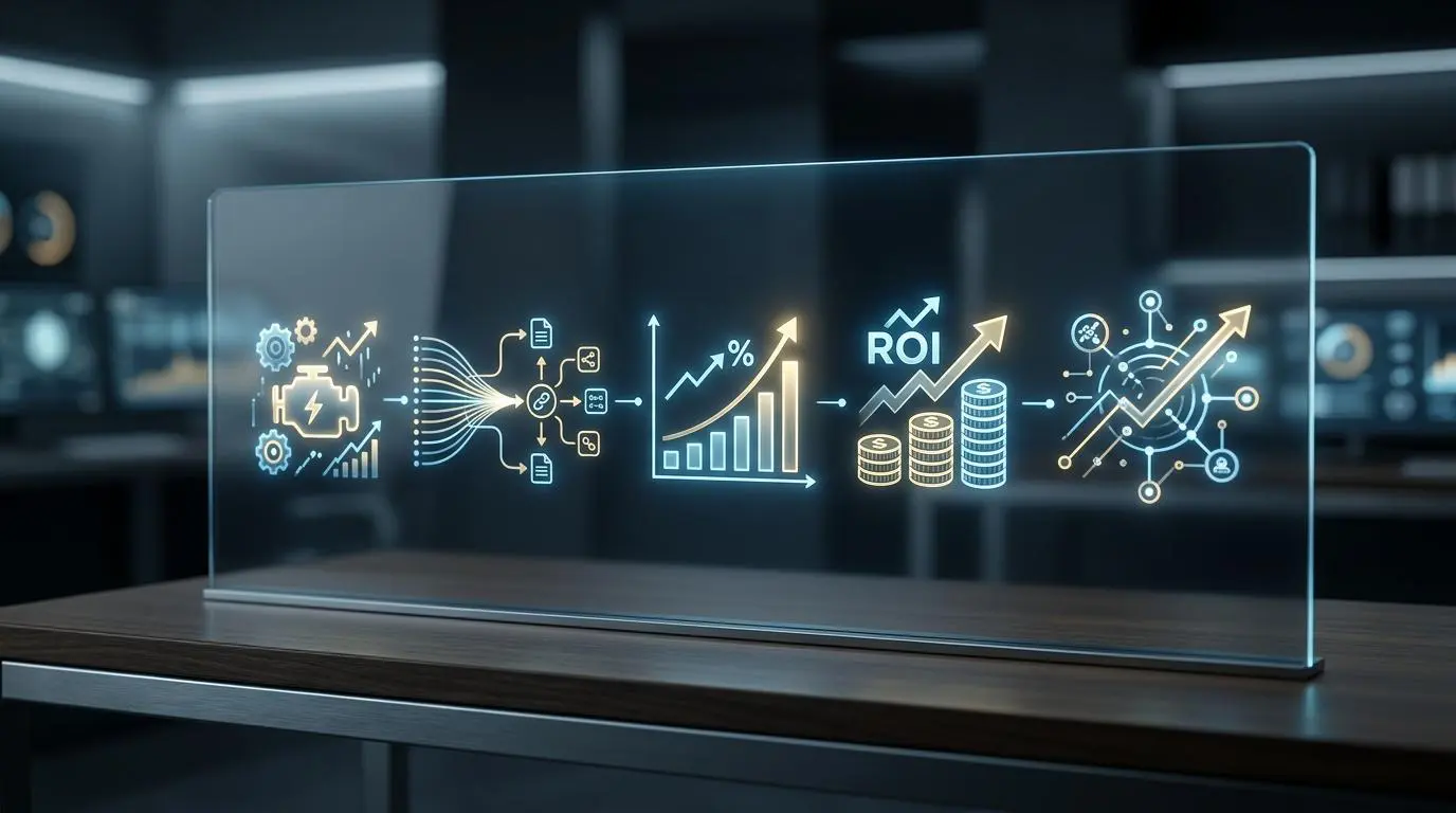 Generative engine optimization performance dashboard showing ROI, charts, and data flow.