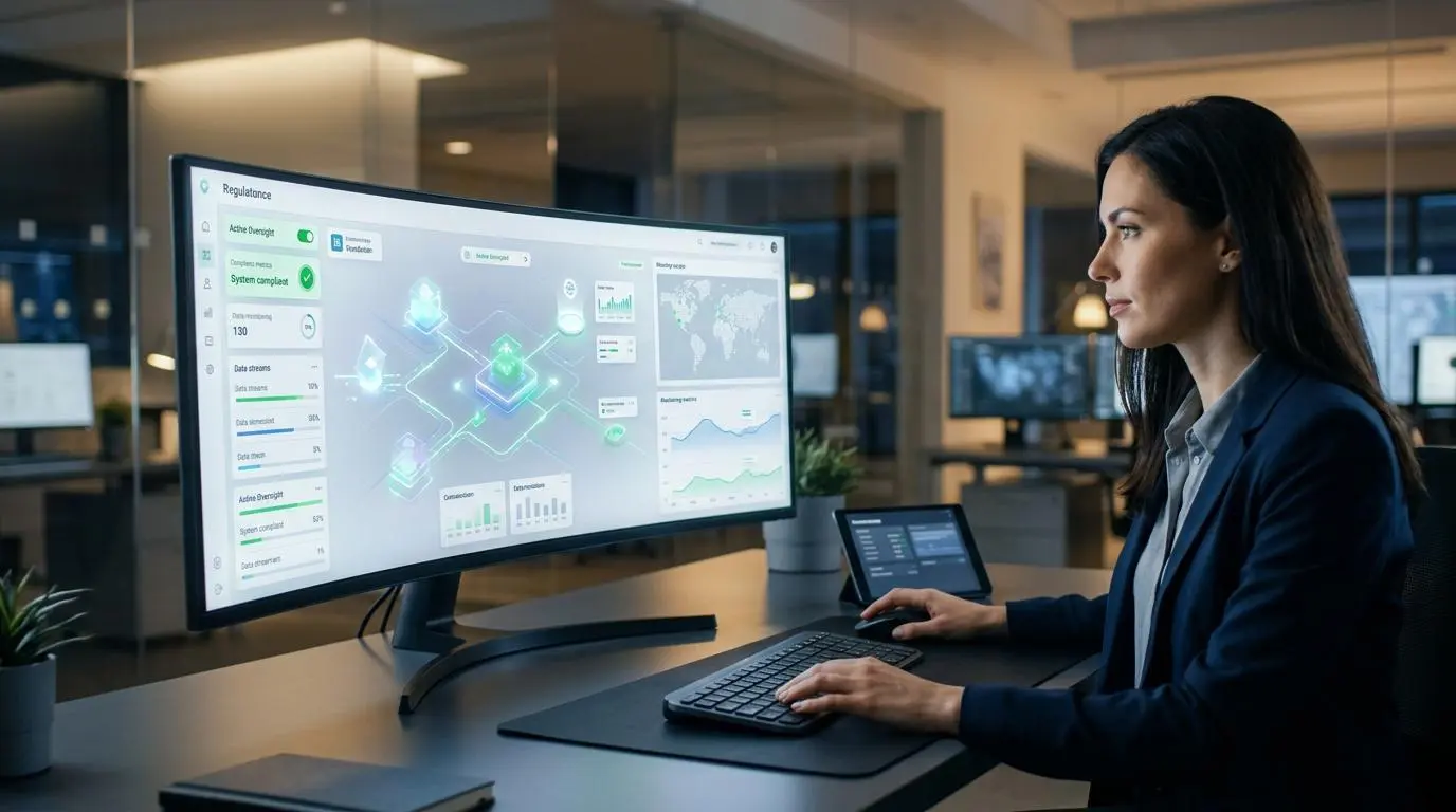 Woman overseeing regulatory compliance dashboards for GRC automation.