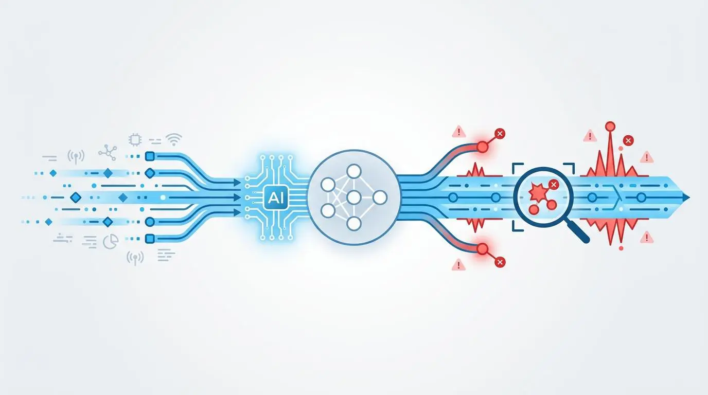 Generative AI for anomaly detection in finance, visualizing data flow and alerts.