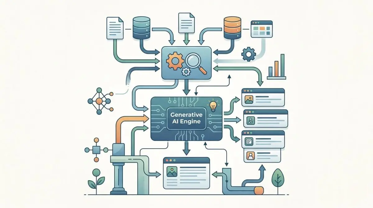 Generative AI engine architectural strategy diagram for ChatGPT search optimization.