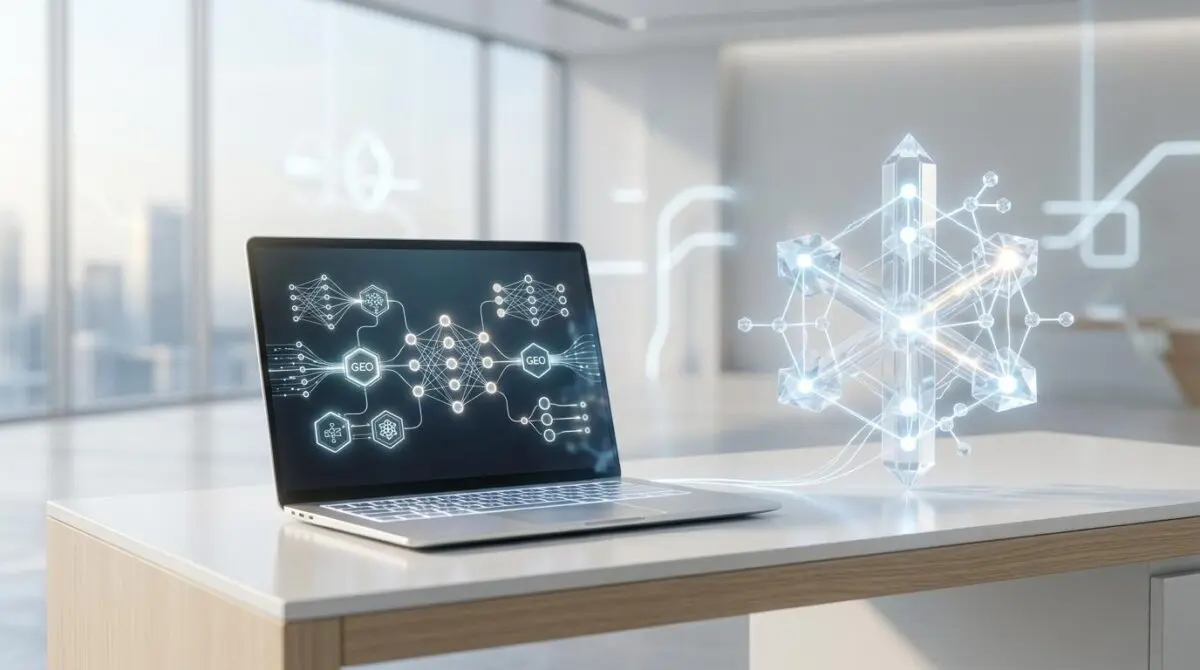 Generative engine optimization architecture visualized on a laptop screen, connected to an abstract glowing structure, reflecting web search trends.