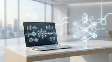 Generative engine optimization architecture visualized on a laptop screen, connected to an abstract glowing structure, reflecting web search trends.