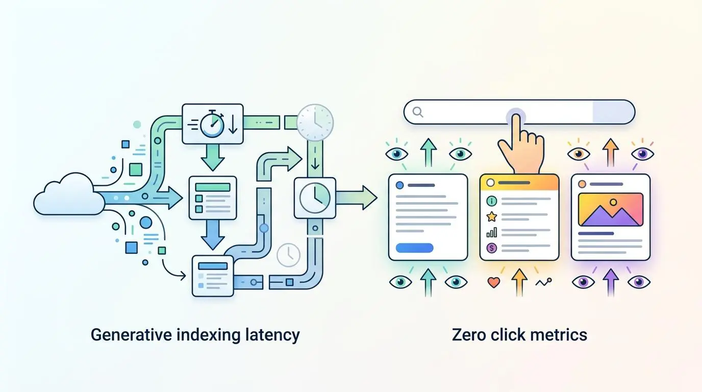 Diagram showing generative indexing latency leading to zero click metrics in search results.