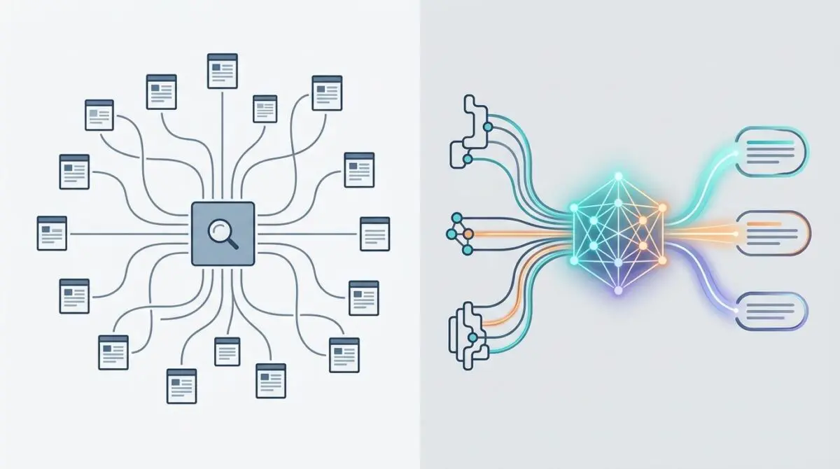 Generative engine visibility vs traditional search: Centralized linking versus decentralized network analysis.