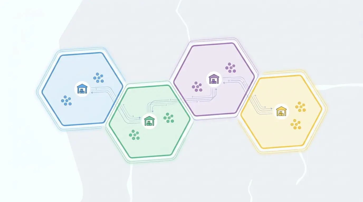 Abstract map zones with warehouse icons, representing geographic digital fencing for micro regional stocking and automated reorders.