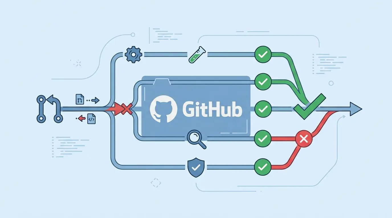 GitHub automated pull request gating with visual checks and crosses, illustrating real-time unoptimized image detection.