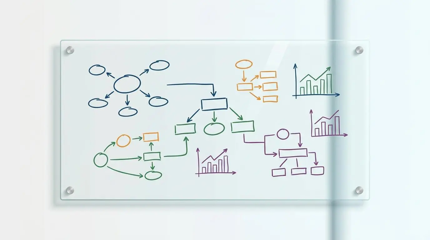 Hand-drawn diagrams on a glass whiteboard, illustrating flowcharts and graphs for the Art of the Thought-Leadership Article.
