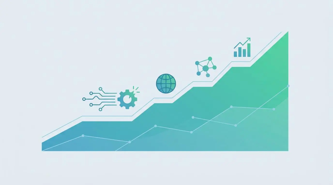 Global enterprise AI automation market growth chart with icons for tech, network, and analytics.