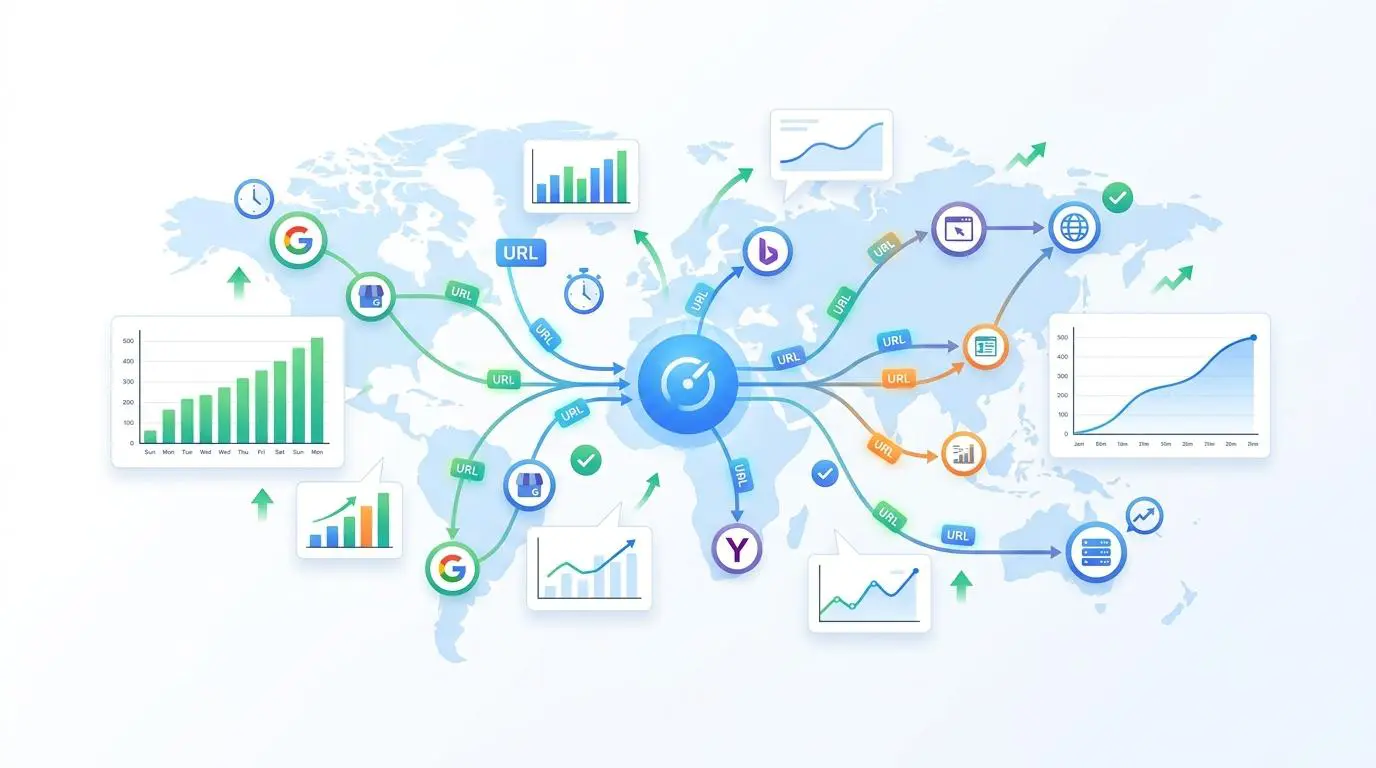Global map illustrating IndexNow URL submissions and statistical growth for WordPress post updates. By Andres SEO Expert.