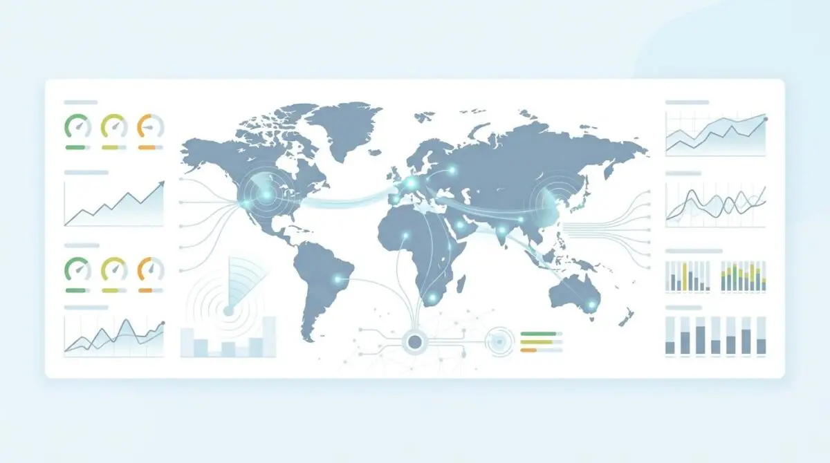 Digital dashboard displaying global security metrics and charts, illustrating balancing fraud prevention with customer experience.