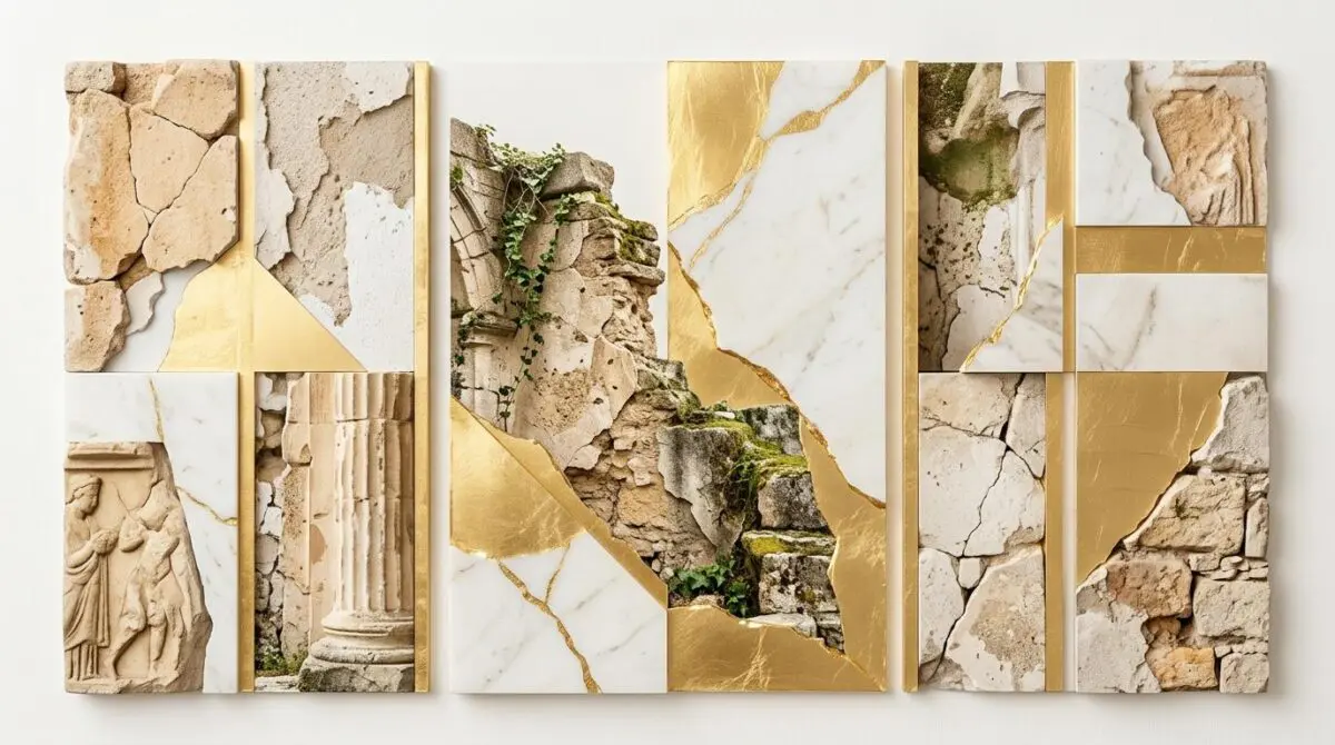 Collage of ancient ruins, cracked marble, and gold leaf, illustrating financial ruin.