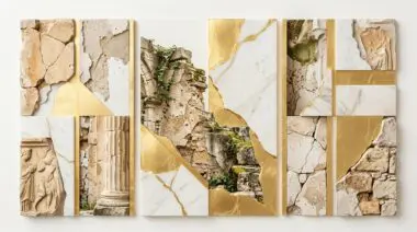 Collage of ancient ruins, cracked marble, and gold leaf, illustrating financial ruin.