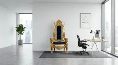 Luxurious golden throne with blue velvet in a minimalist office, symbolizing building a personal brand like a billionaire.