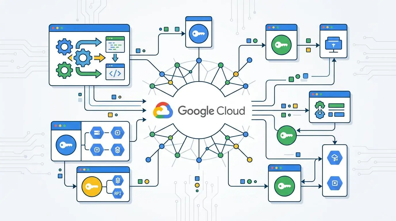Google Cloud architecture diagram showing programmatic service account orchestration for API access.