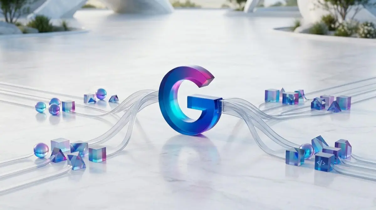 Google Gemini multimodal reasoning engine architecture with abstract geometric shapes and data flows.