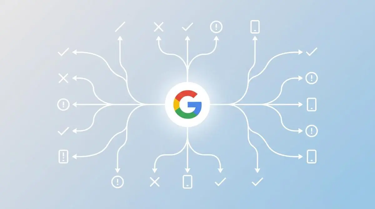 Google logo with branching pathways indicating API inspection results like indexed, not indexed, or alerts.