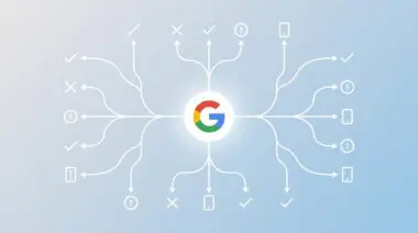 Google logo with branching pathways indicating API inspection results like indexed, not indexed, or alerts.