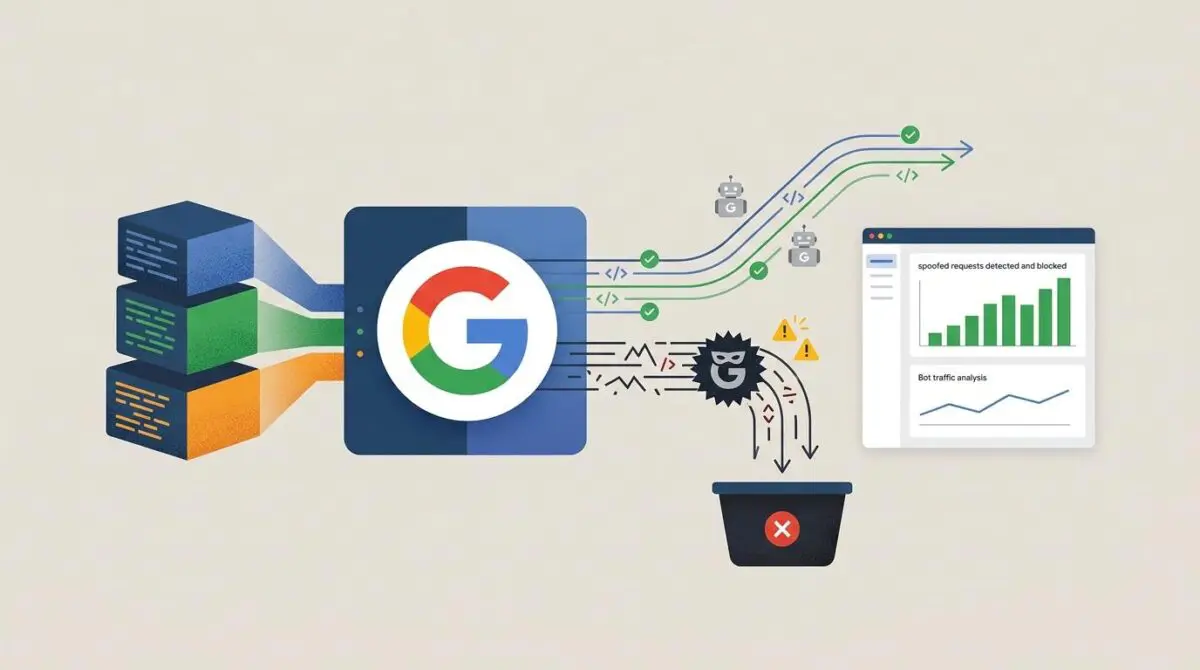 Diagram showing Googlebot spoofed requests being logged, detected, and blocked.