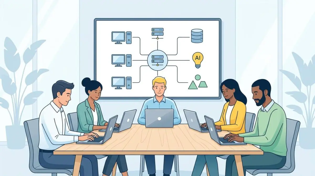 Team collaborating on setting up local AI development environments, illustrating server infrastructure and AI concepts.
