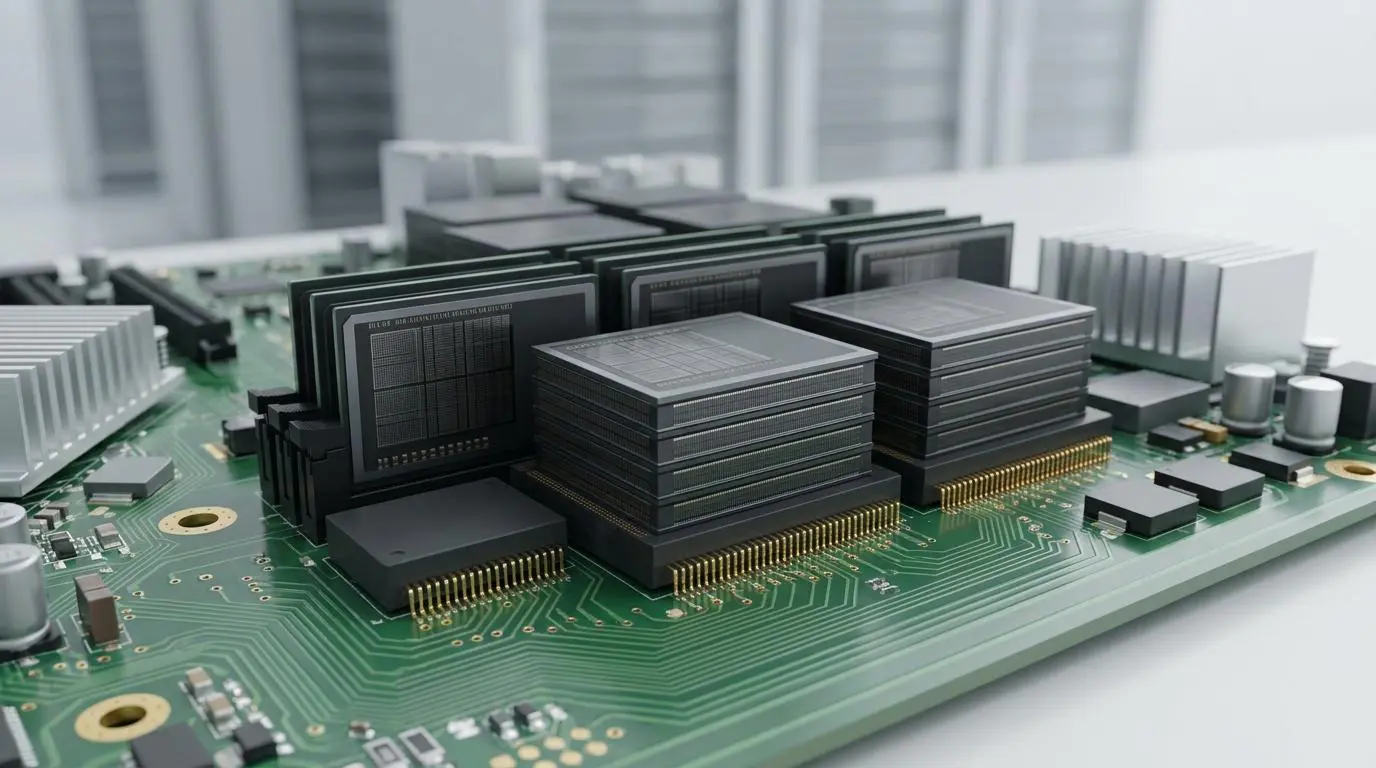 Close-up of stacked HBM memory modules on a circuit board for AMD Instinct AI Accelerators.