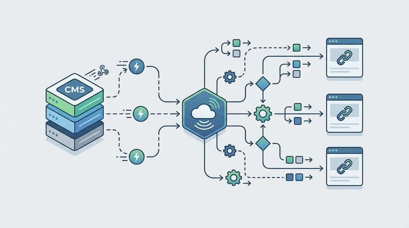 Headless CMS webhook flow diagram orchestrating internal links for trending topic automation.