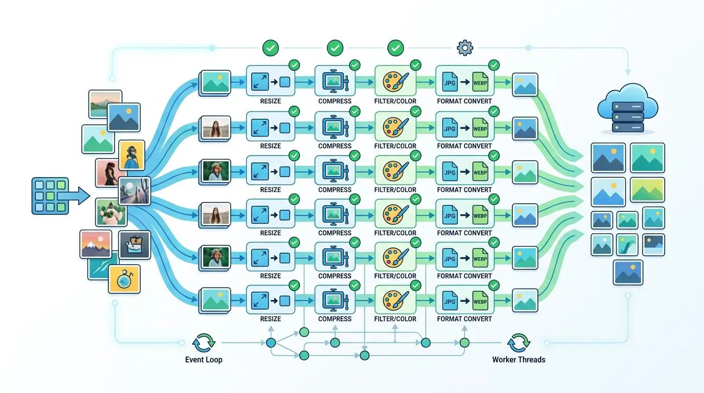 Node.js image processing pipeline: resizing, compressing, filtering, and converting for SEO.