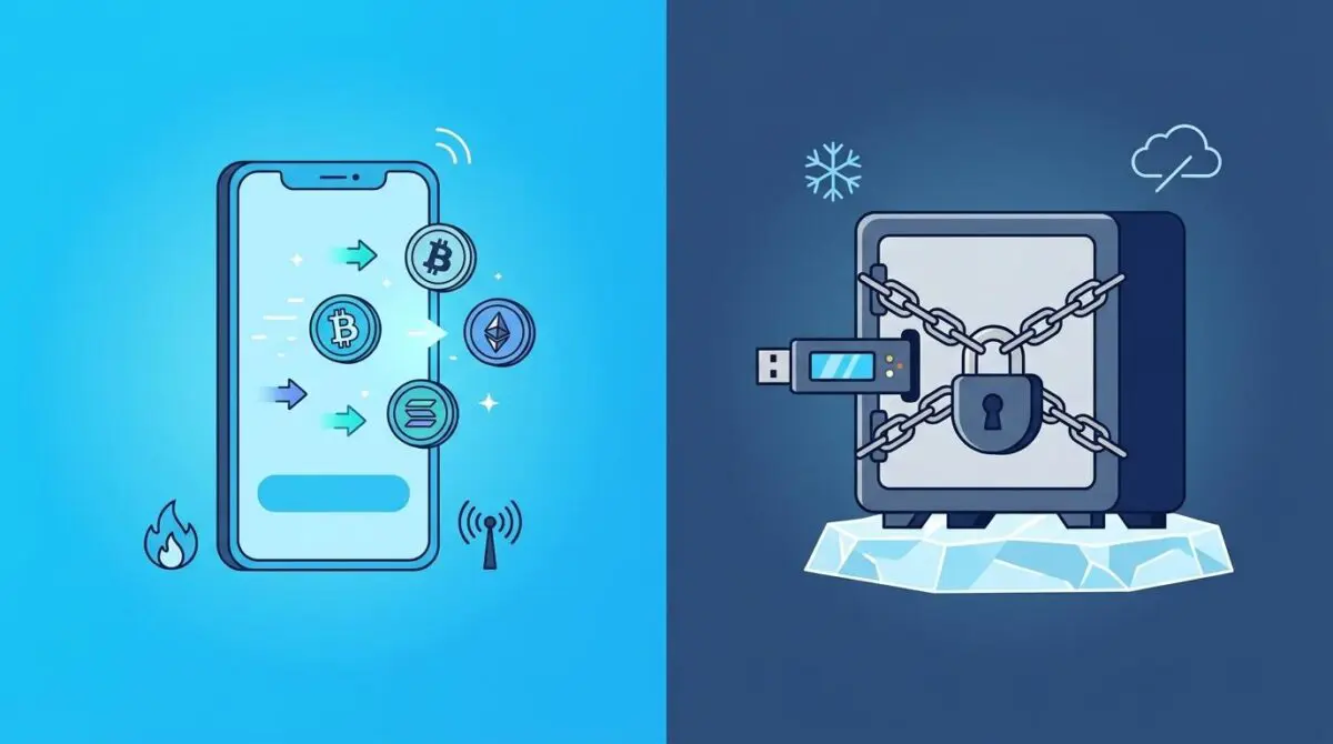 Hot vs Cold Wallets: Illustration shows mobile hot wallet and secured cold storage hardware.
