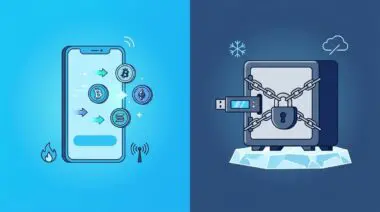 Hot vs Cold Wallets: Illustration shows mobile hot wallet and secured cold storage hardware.