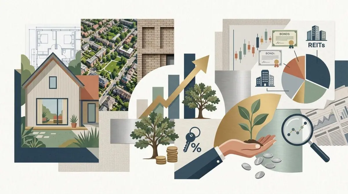 Collage of housing plans, aerial neighborhood views, and investment charts illustrating financial strategies.