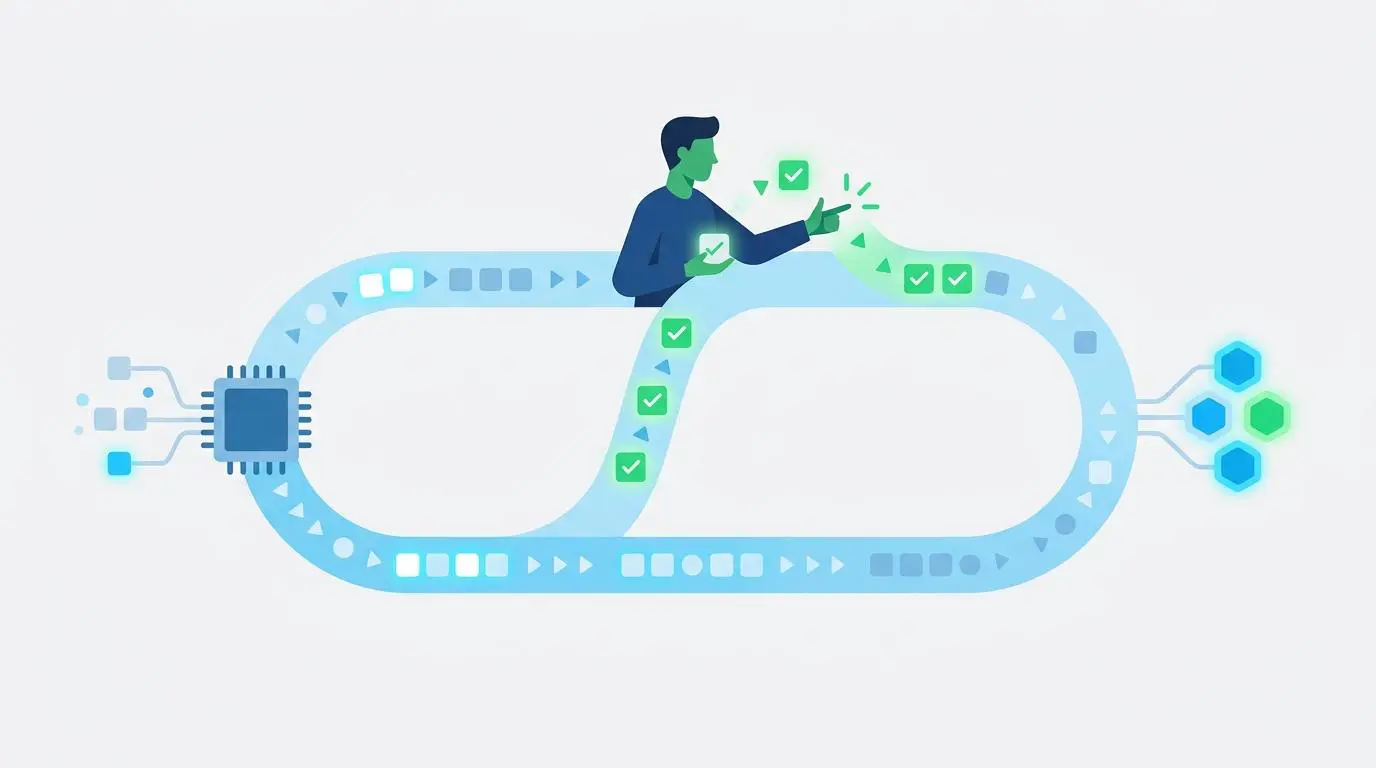 Human overseeing autonomous AI agent workflow for competitor pricing research with approval checks.