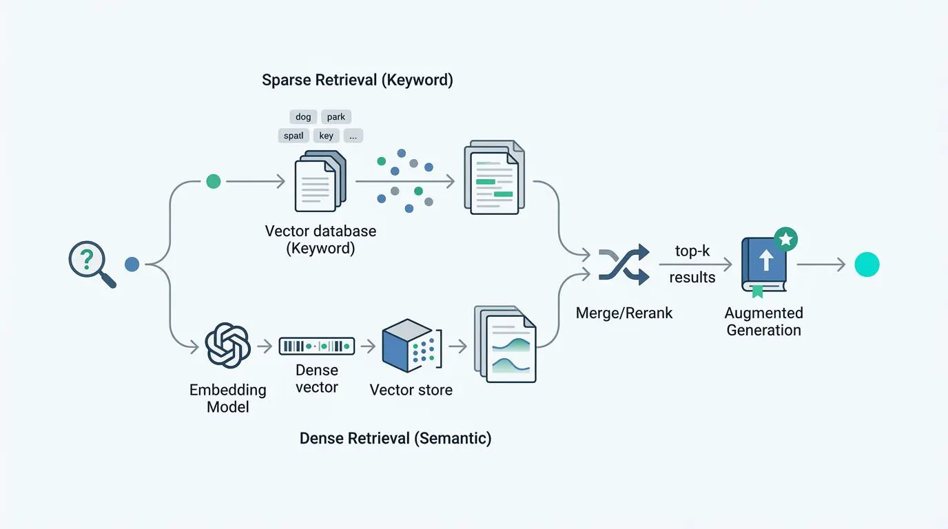 Hybrid RAG pipeline for AI search optimization: sparse keyword and dense semantic retrieval merge for augmented generation.