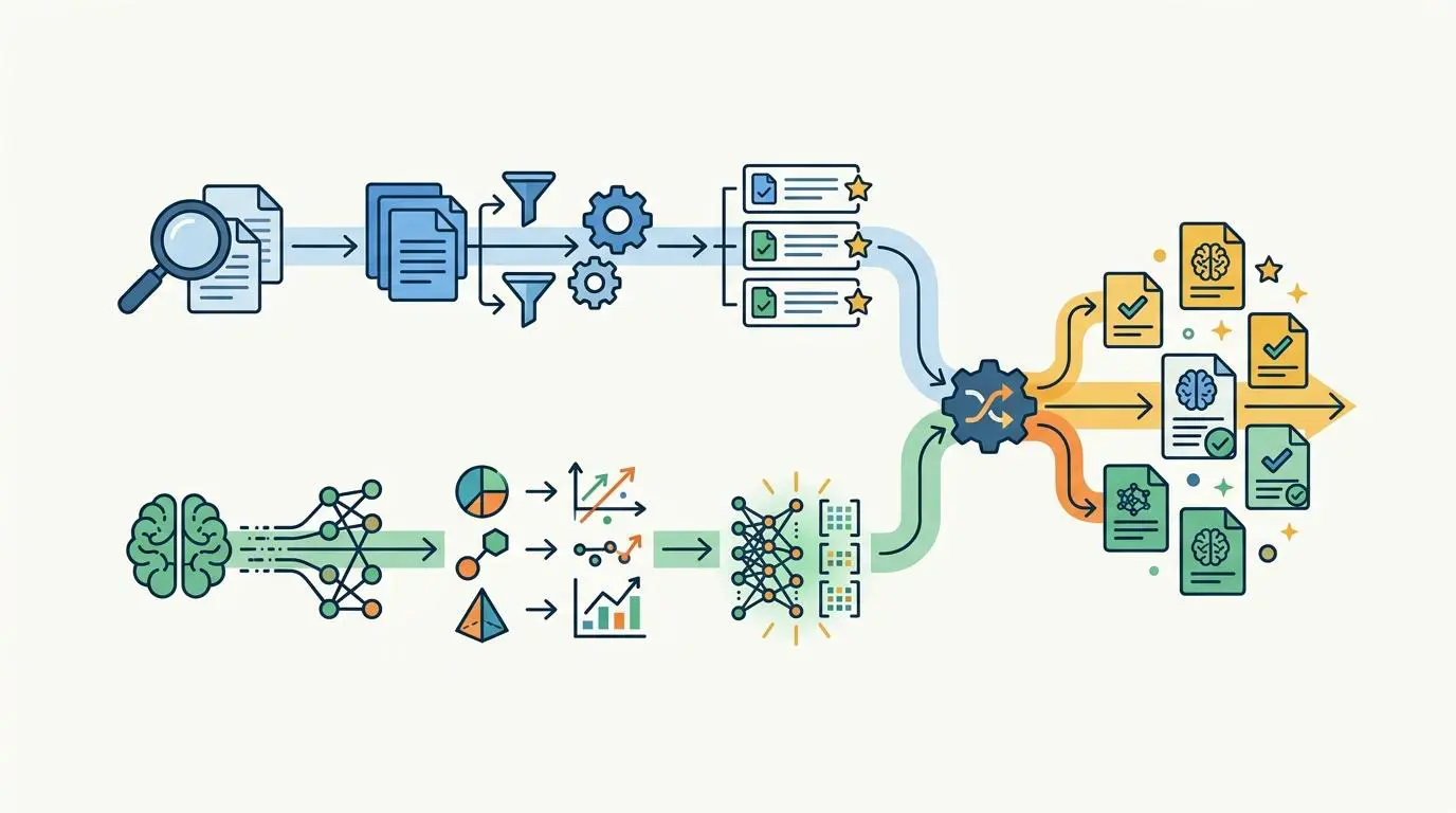 Flowchart of hybrid retrieval and dense vector embedding for AI in Generative Engine Optimization (GEO).